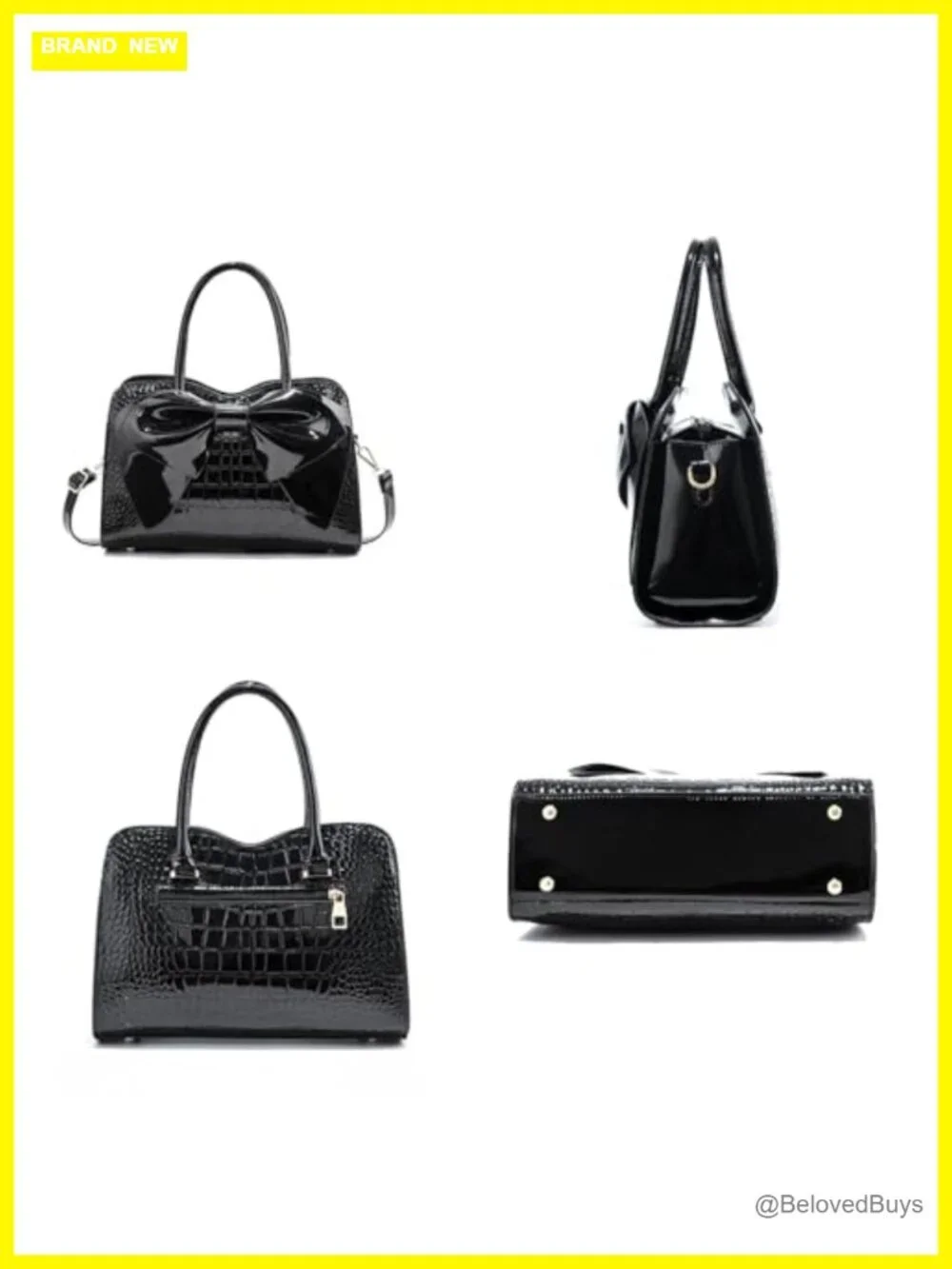 Faux Leather Crocodile Embossed Tote Bag with Bow, Zipper Closure, Crossbody